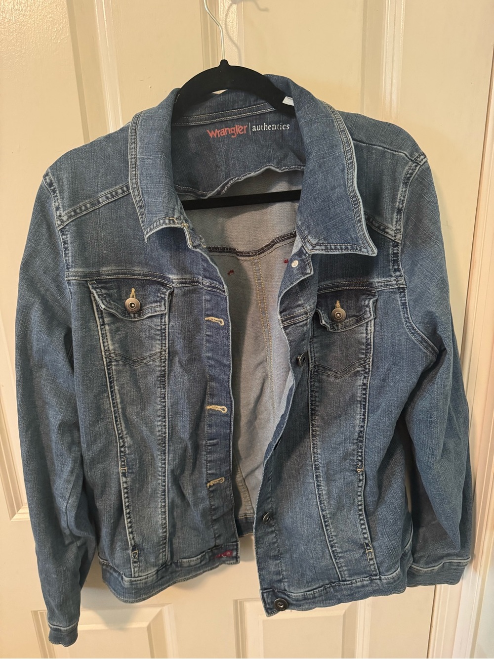 Wrangler Authentic Denim Jacket in Dark Blue with Red Logo
